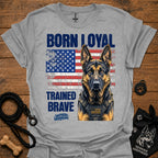 Heather gray graphic T-shirt with German shepherd portrait, patriotic flag and bold text