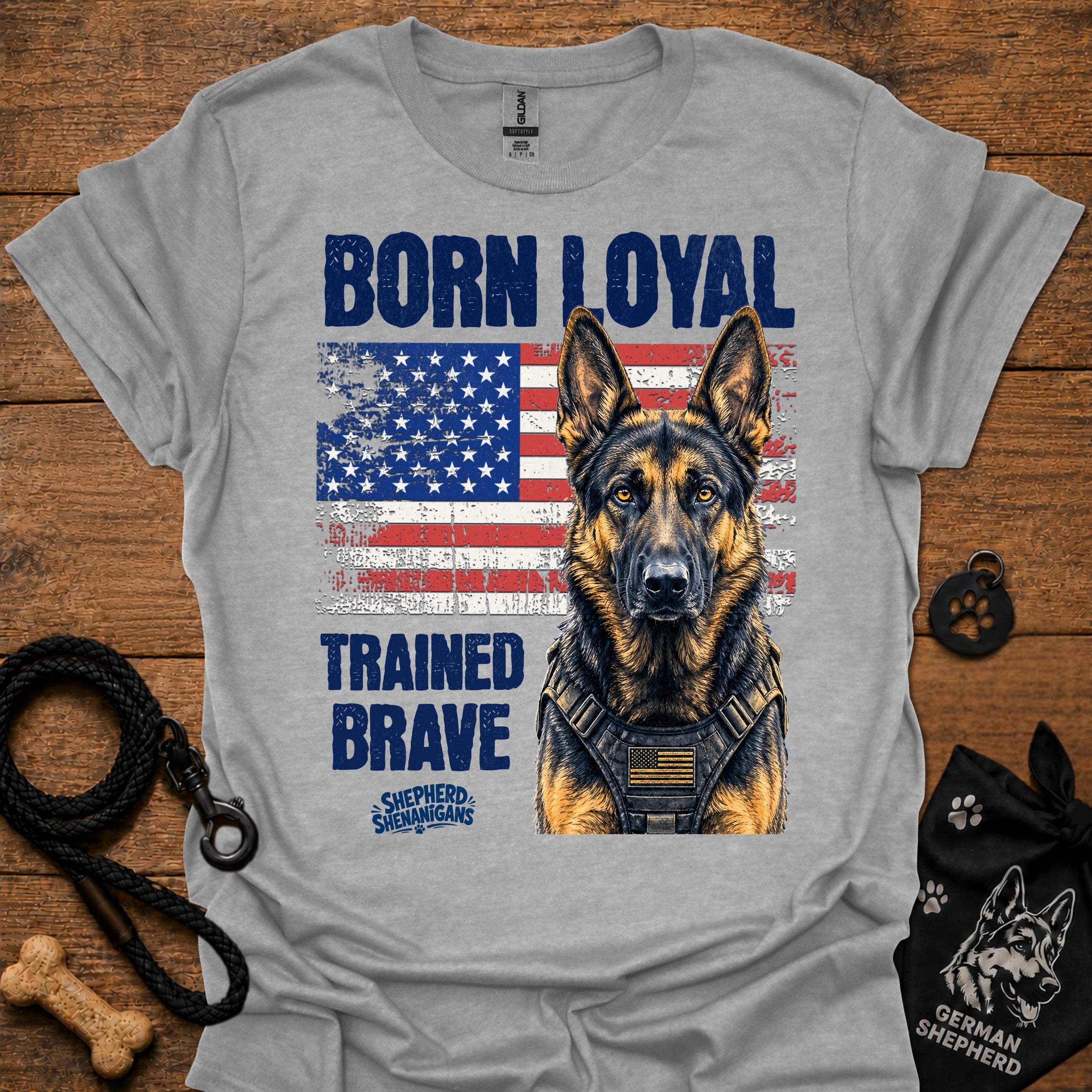 Heather gray graphic T-shirt with German shepherd portrait, patriotic flag and bold text