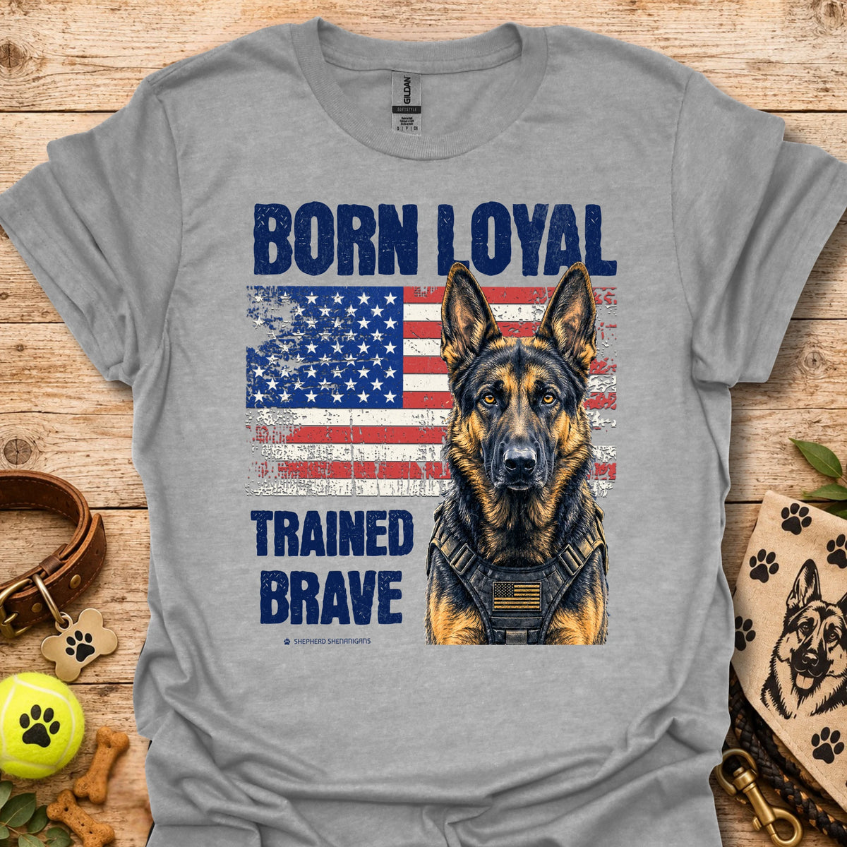 Sport Grey t-shirt with German shepherd, American flag graphic, 'Trained Brave' text
