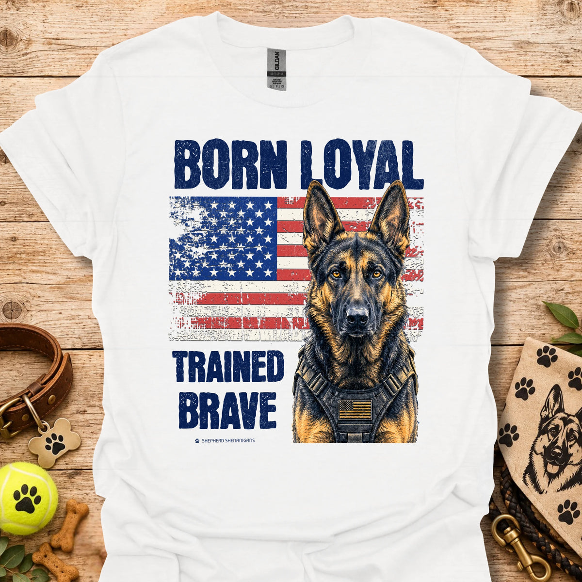 White t-shirt with German shepherd, American flag graphic, 'Trained Brave' text