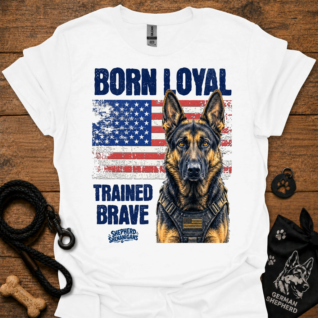 White graphic T-shirt with German shepherd portrait, patriotic flag and bold text