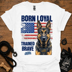 White graphic T-shirt with German shepherd portrait, patriotic flag and bold text