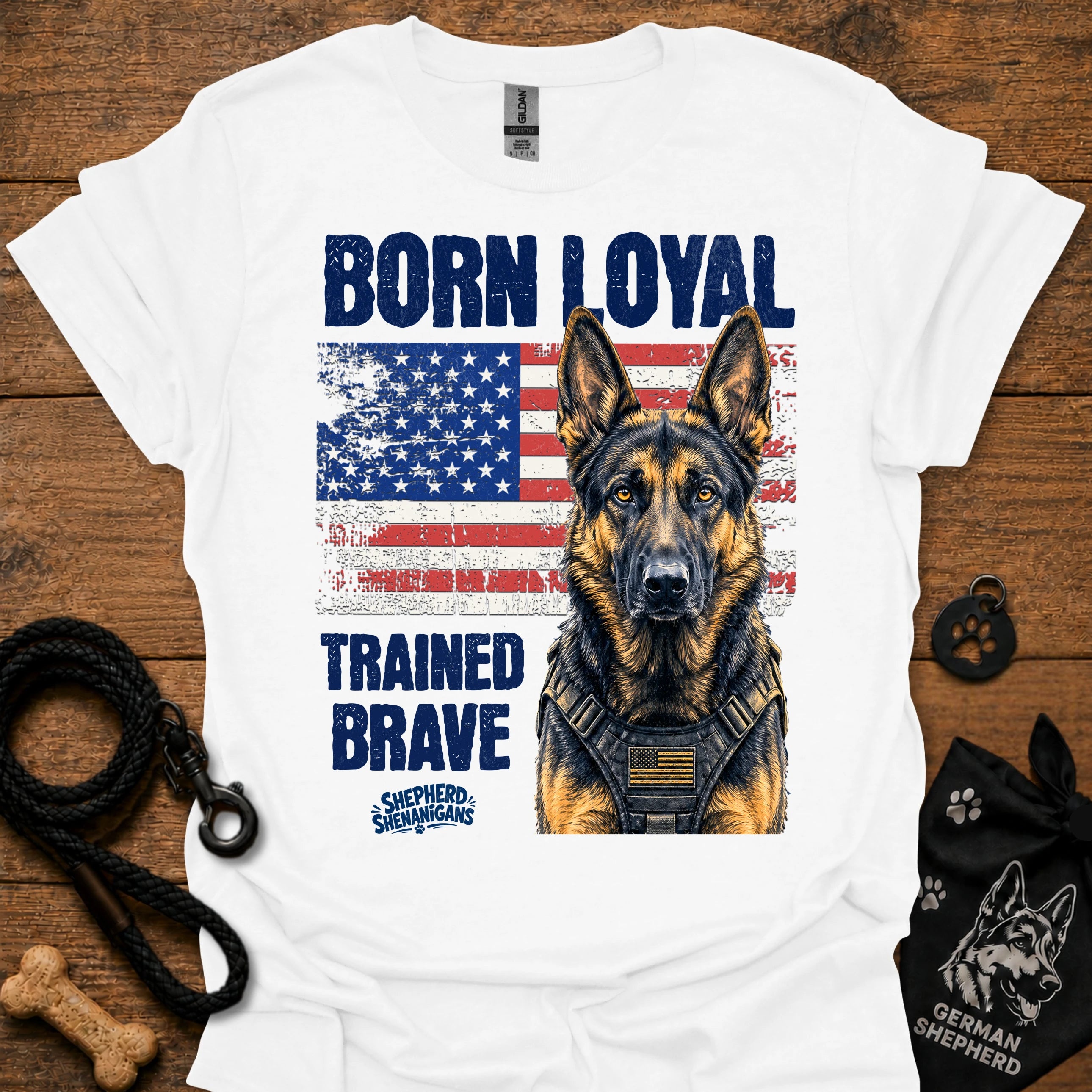 White graphic T-shirt with German shepherd portrait, patriotic flag and bold text