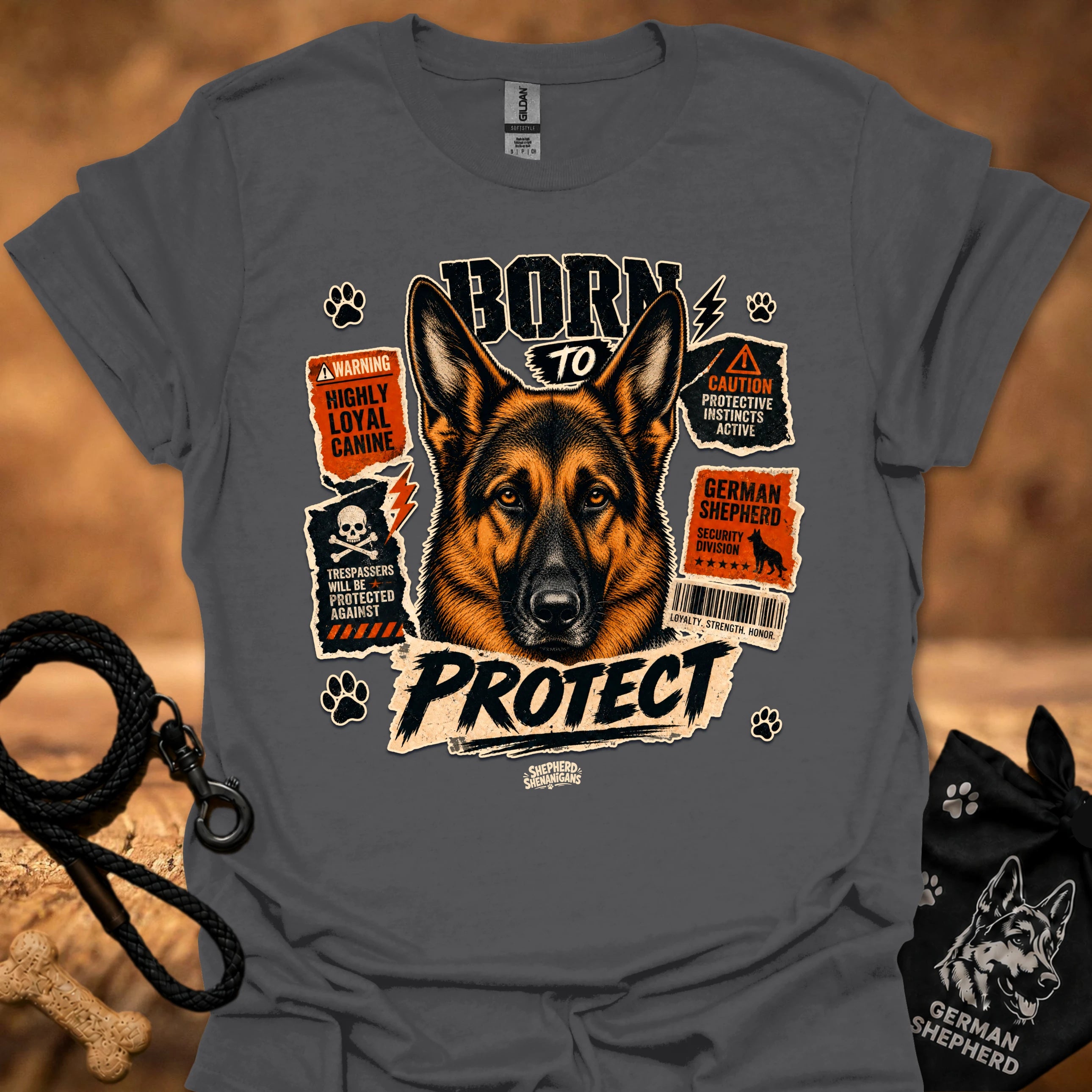 Charcoal graphic dog T-shirt with 'Born to Protect' text and paw prints
