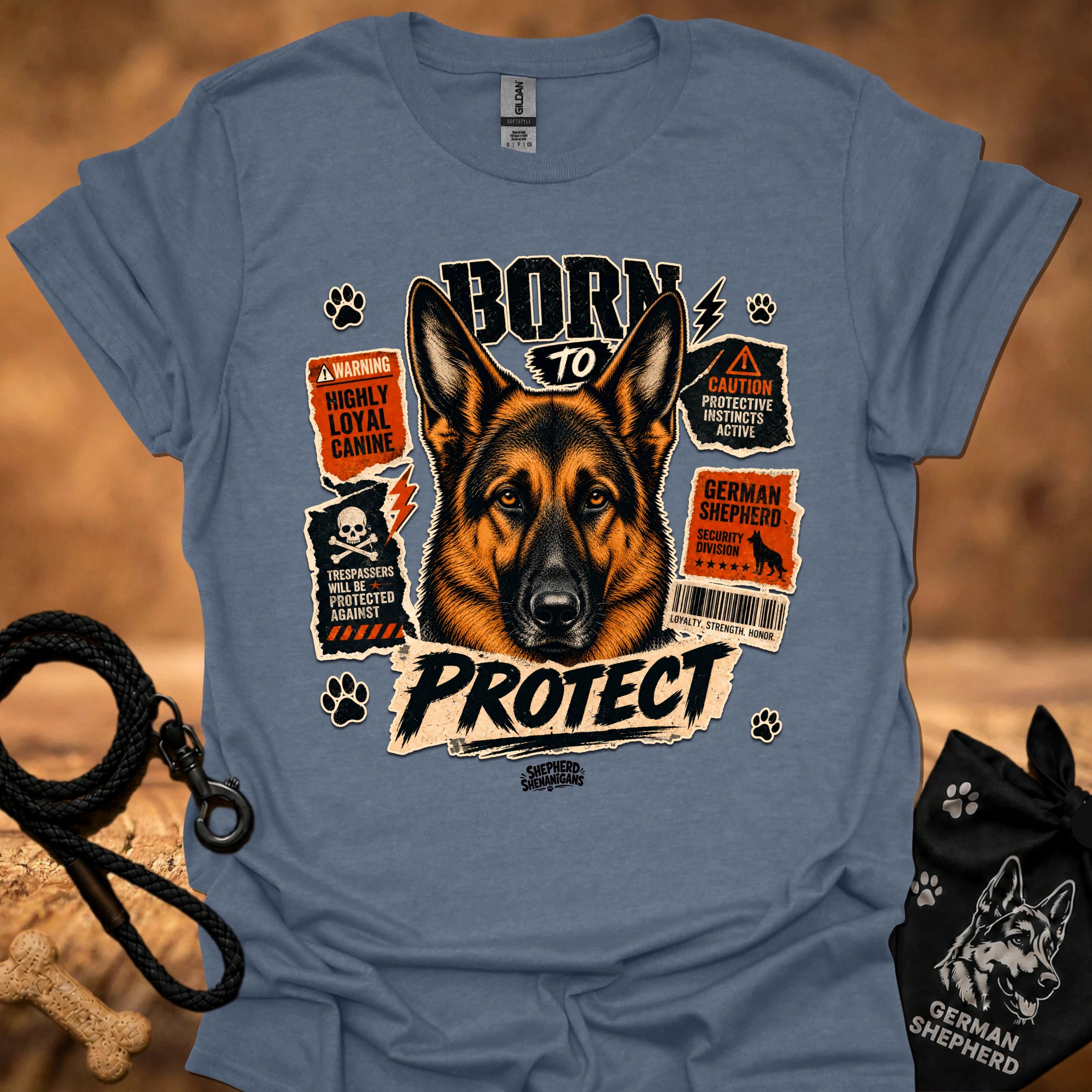 Heather blue graphic dog T-shirt with 'Born to Protect' text and paw print accents