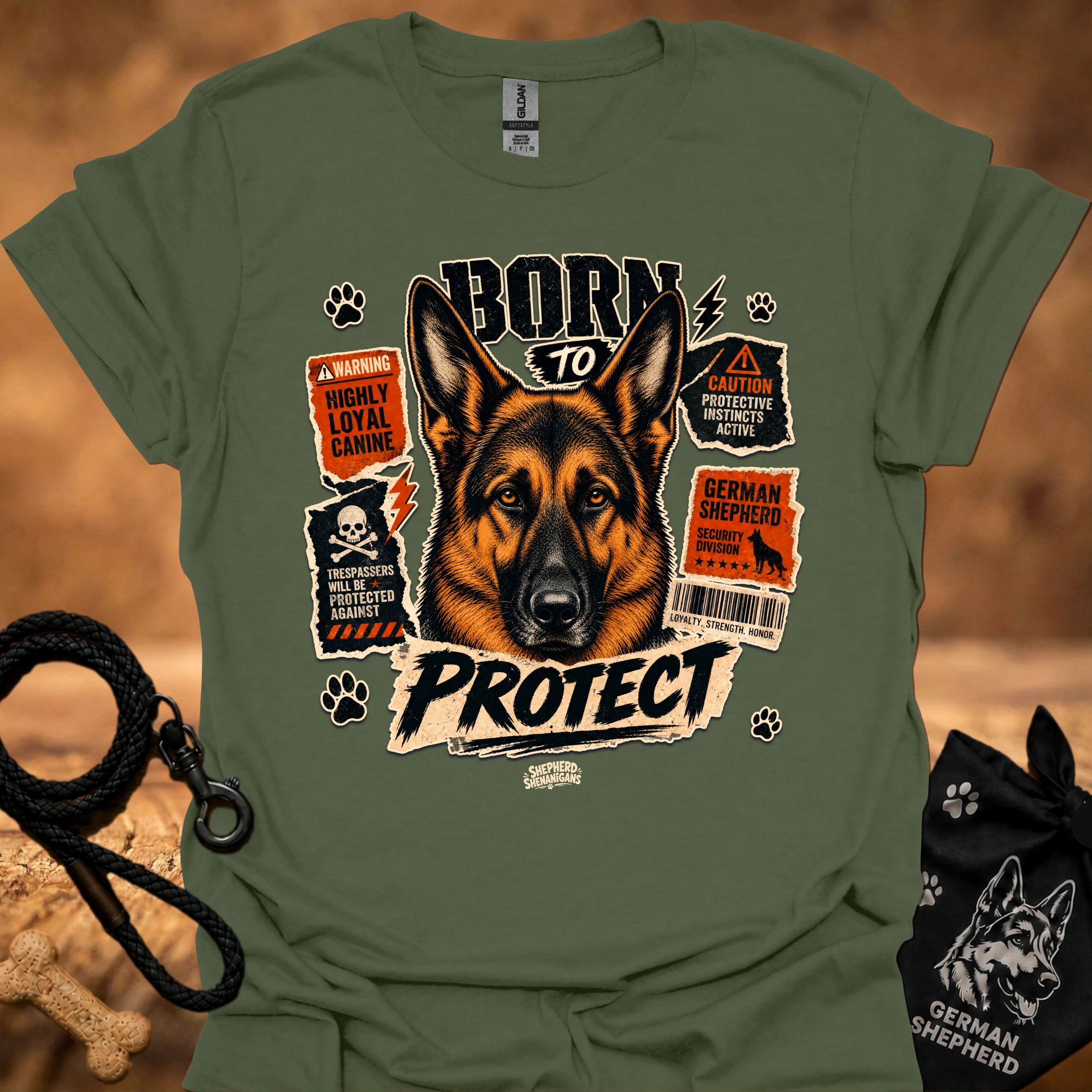 Military green graphic dog T-shirt with 'Born to Protect' text and paw print accents