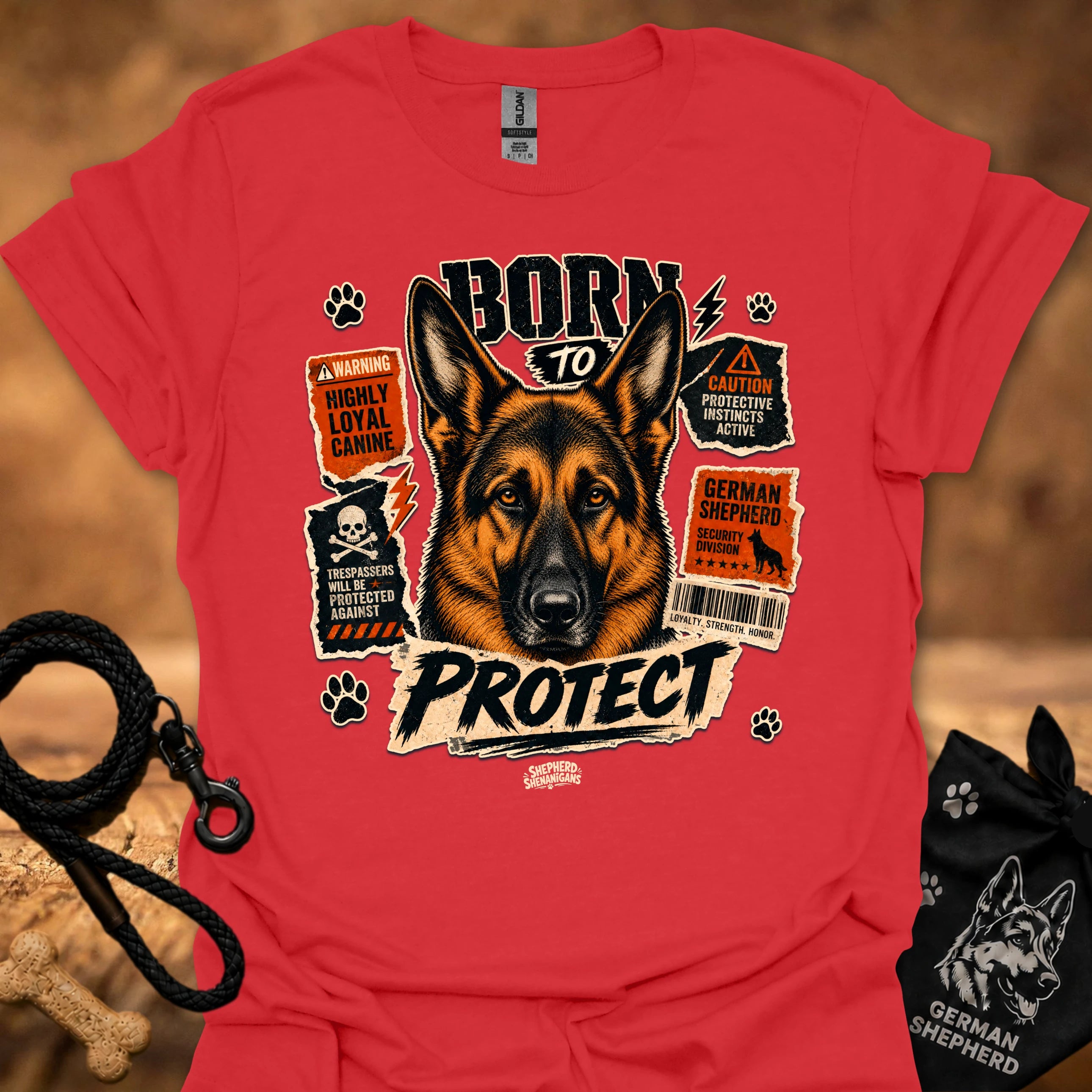 Red graphic dog T-shirt with 'Born to Protect' text and paw print accents