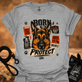 Sport gray graphic dog T-shirt with 'Born to Protect' text and paw print icons
