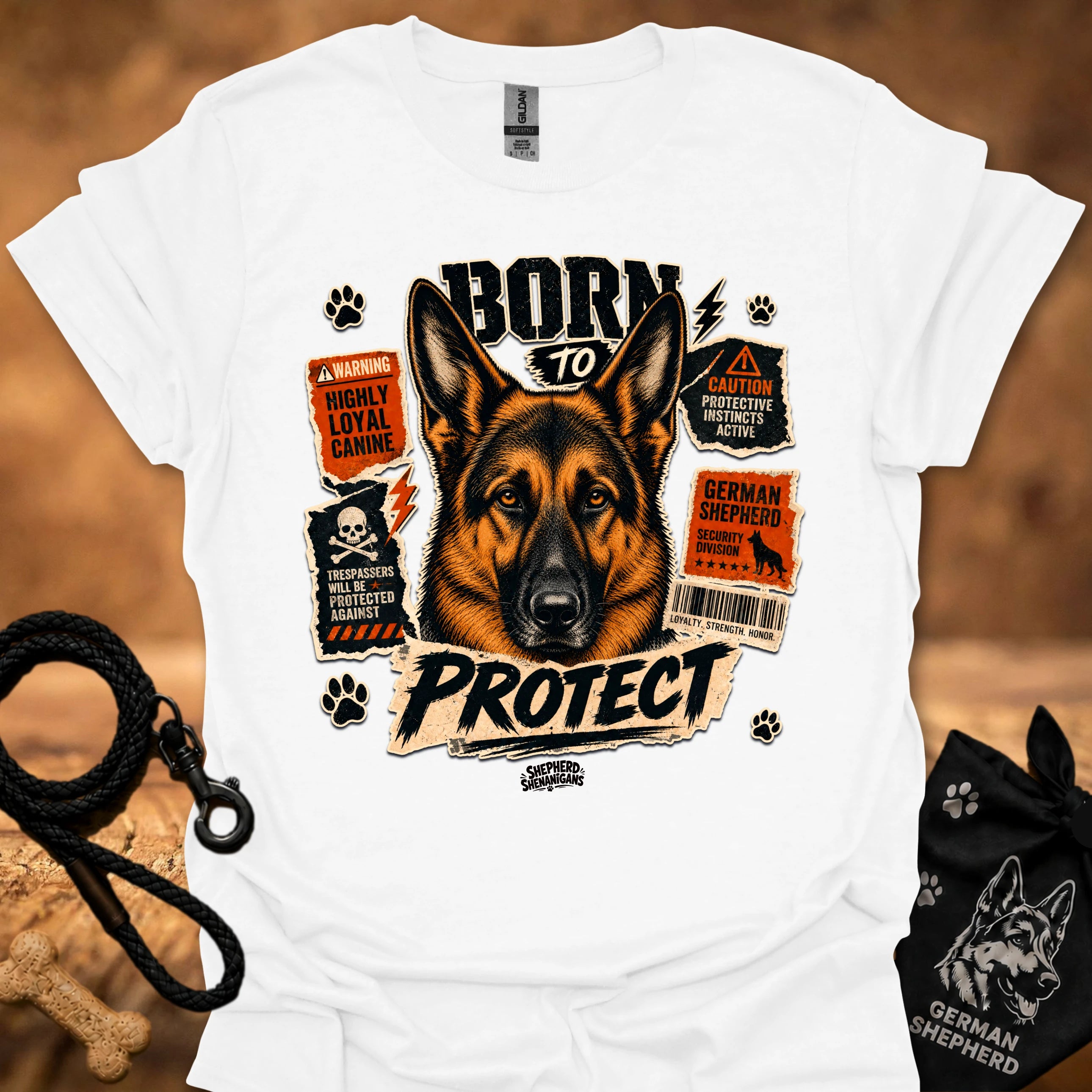 White graphic dog T-shirt with 'Born to Protect' text and paw print accents