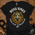 Black crew-neck T-shirt with German Shepherd graphic and "Boss Vibes" text