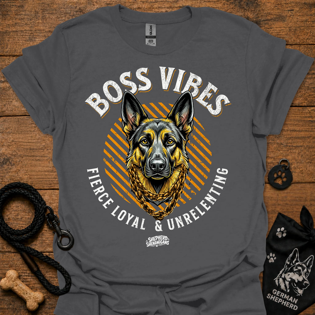 Charcoal gray crew-neck T-shirt with German Shepherd graphic and "Boss Vibes" text