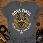 Charcoal gray crew-neck T-shirt with German Shepherd graphic and "Boss Vibes" text