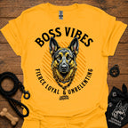 Gold crew-neck T-shirt with German Shepherd graphic and "Boss Vibes" text