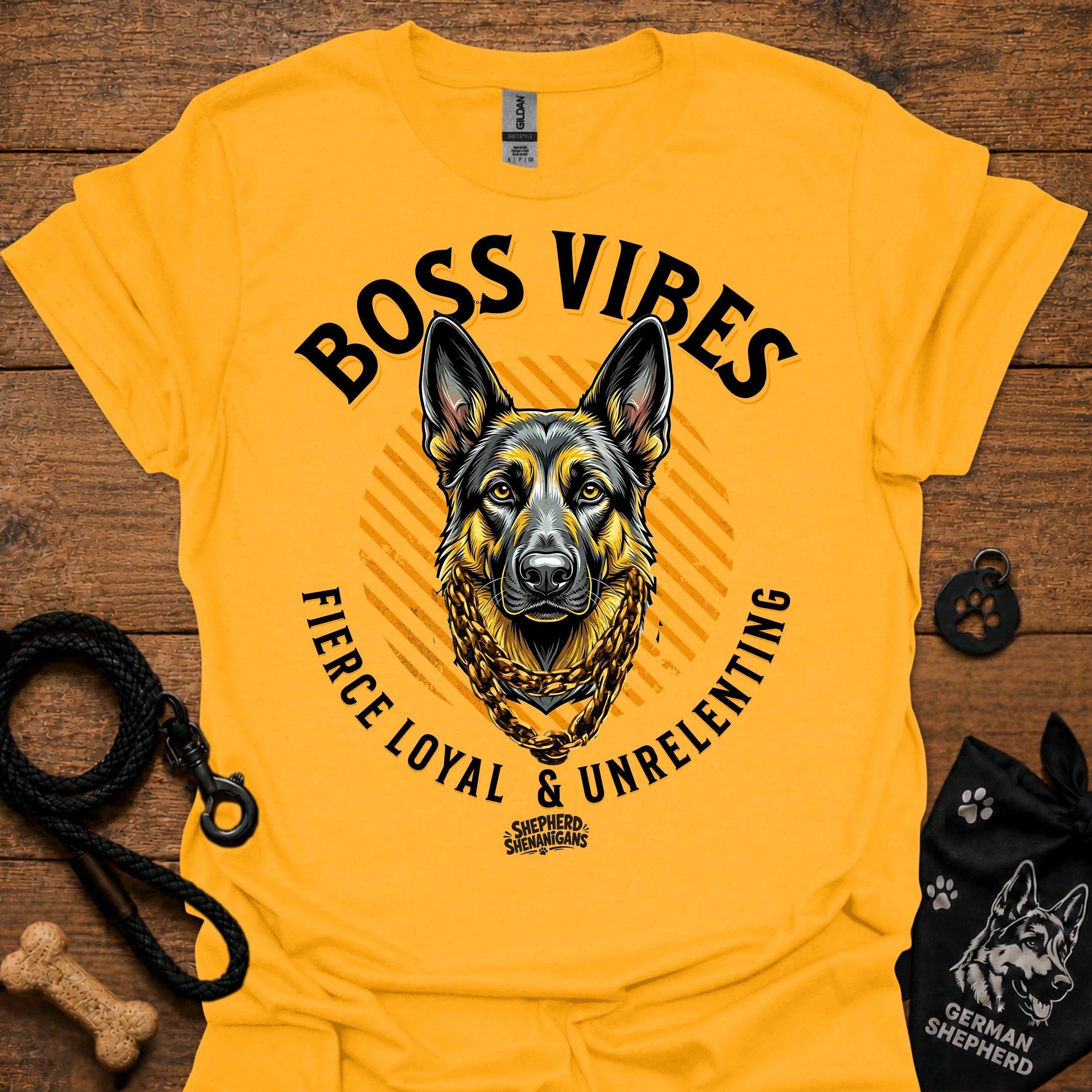 Gold crew-neck T-shirt with German Shepherd graphic and "Boss Vibes" text