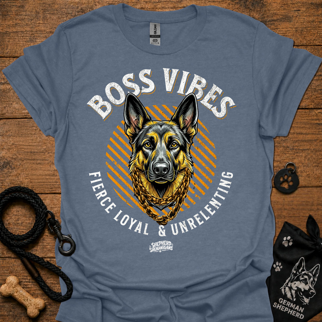 Slate blue crew-neck T-shirt with German Shepherd graphic and "Boss Vibes" text