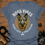 Slate blue crew-neck T-shirt with German Shepherd graphic and "Boss Vibes" text