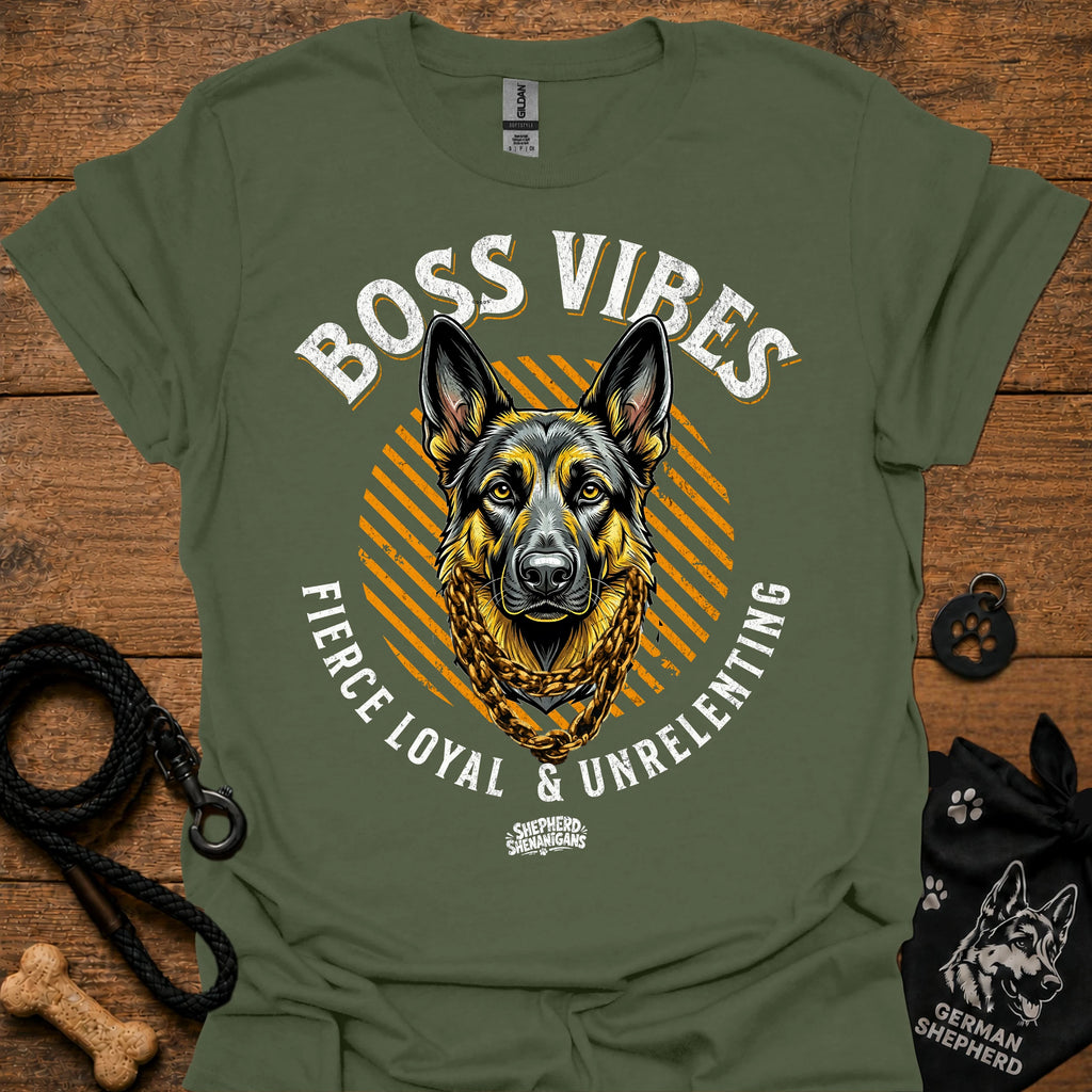 Olive green crew-neck T-shirt with German Shepherd graphic and "Boss Vibes" text