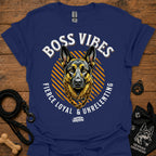 Navy crew-neck T-shirt with German Shepherd graphic and "Boss Vibes" text