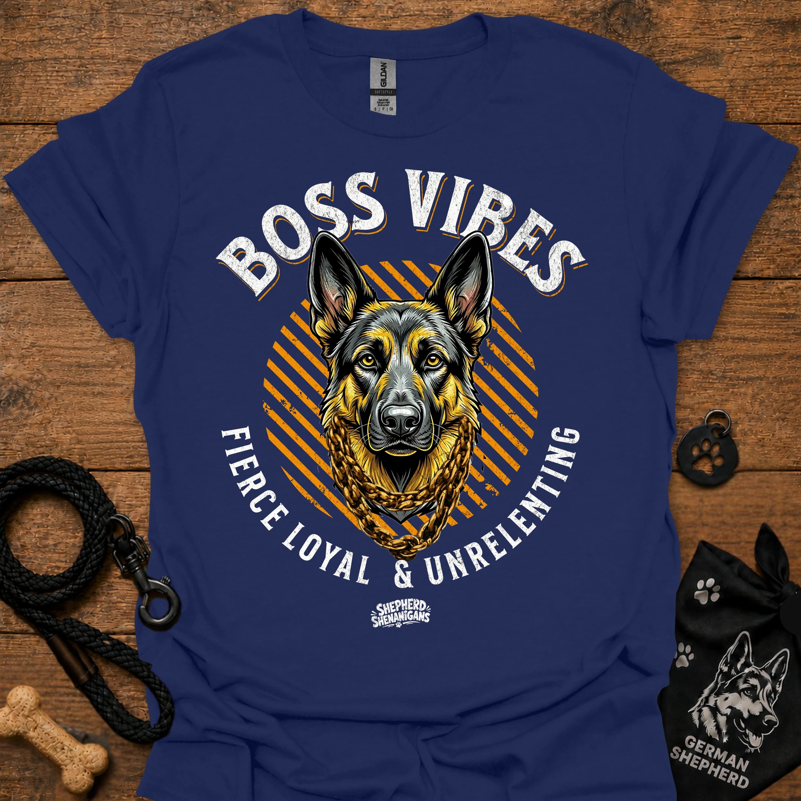 Navy crew-neck T-shirt with German Shepherd graphic and "Boss Vibes" text