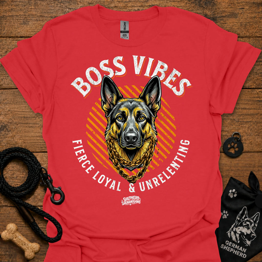 Red crew-neck T-shirt with German Shepherd graphic and "Boss Vibes" text