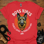 Red crew-neck T-shirt with German Shepherd graphic and "Boss Vibes" text