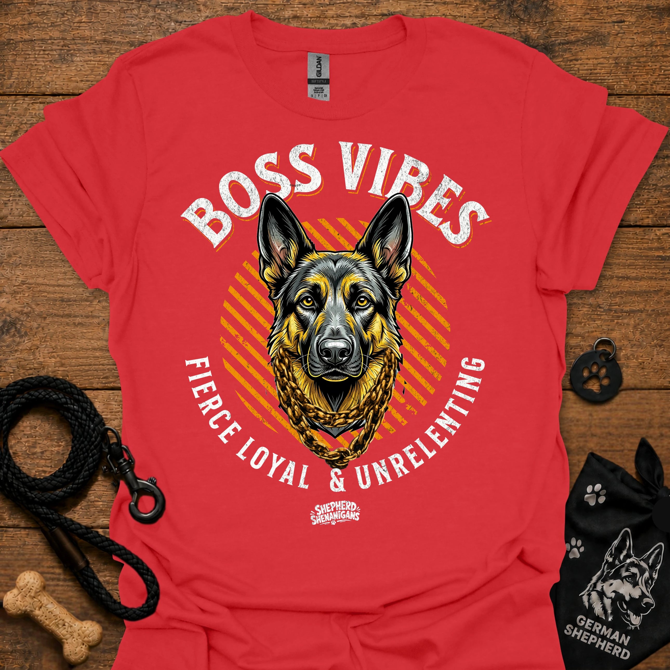 Red crew-neck T-shirt with German Shepherd graphic and "Boss Vibes" text