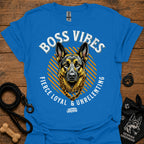 Royal blue crew-neck T-shirt with German Shepherd graphic and "Boss Vibes" text