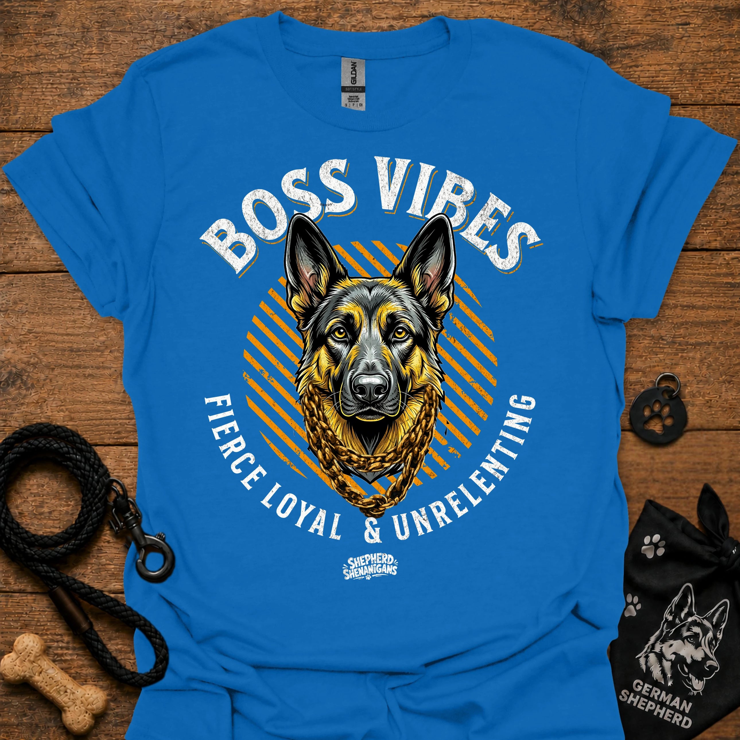 Royal blue crew-neck T-shirt with German Shepherd graphic and "Boss Vibes" text