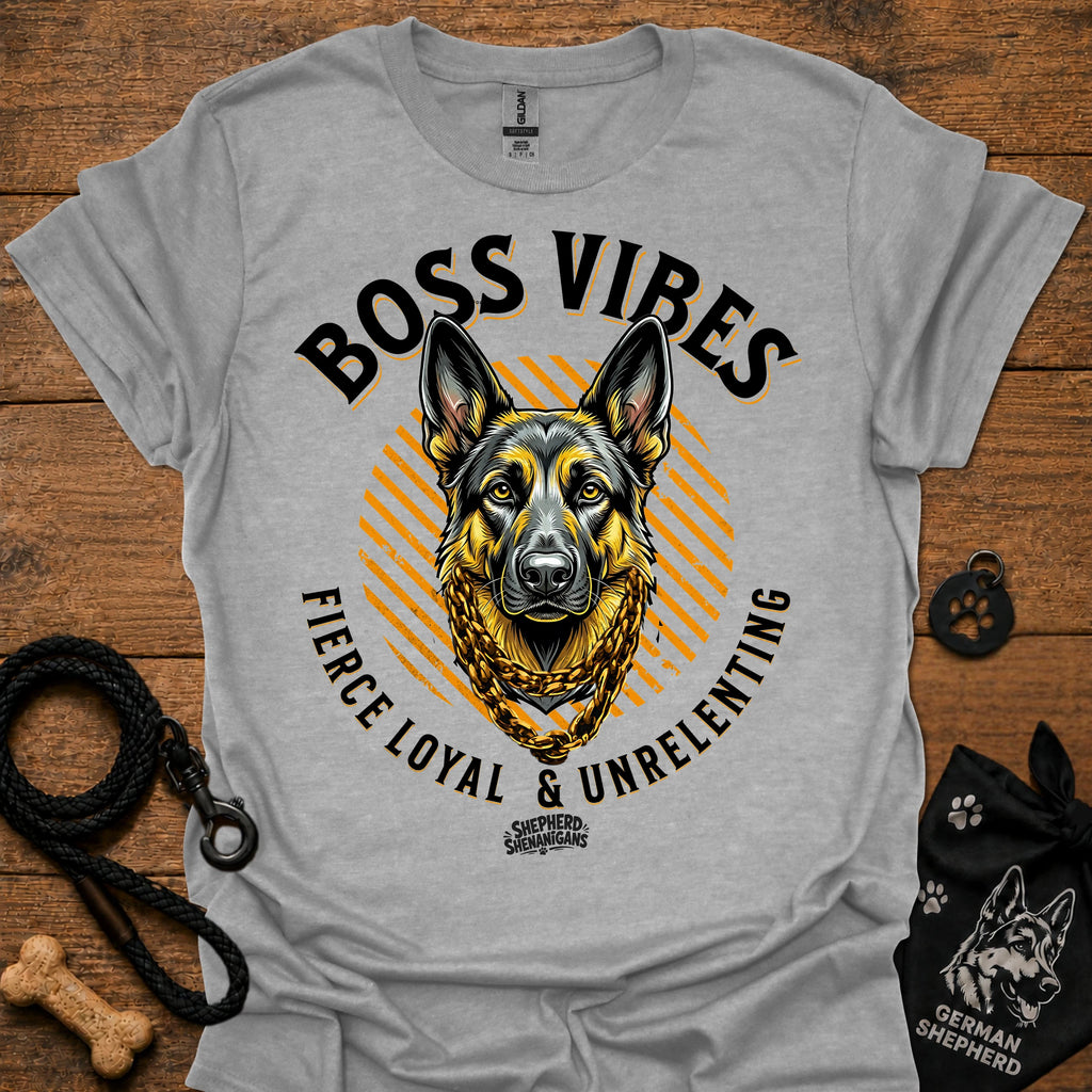 Light gray crew-neck T-shirt with German Shepherd graphic and "Boss Vibes" text