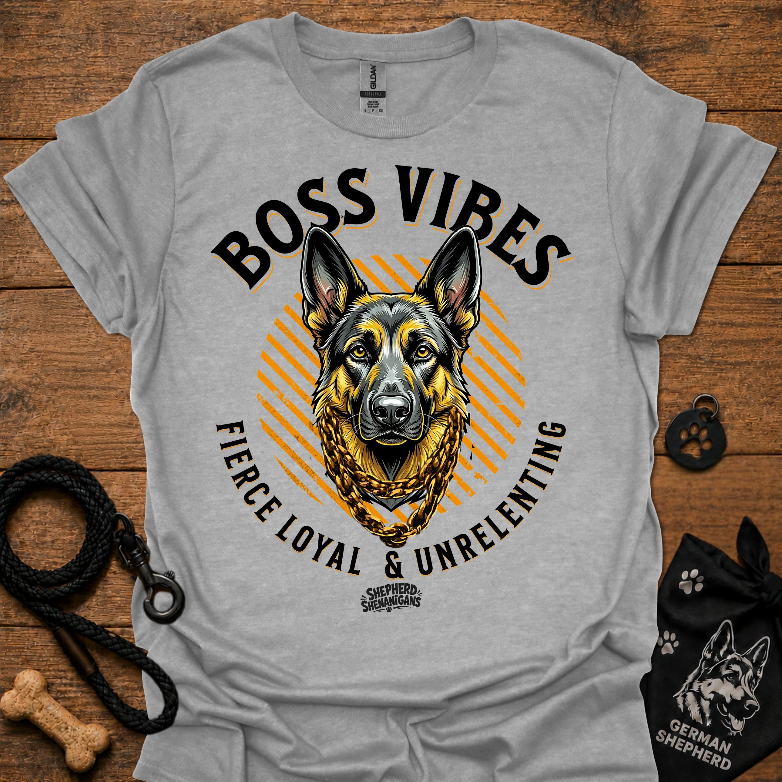 Light gray crew-neck T-shirt with German Shepherd graphic and "Boss Vibes" text