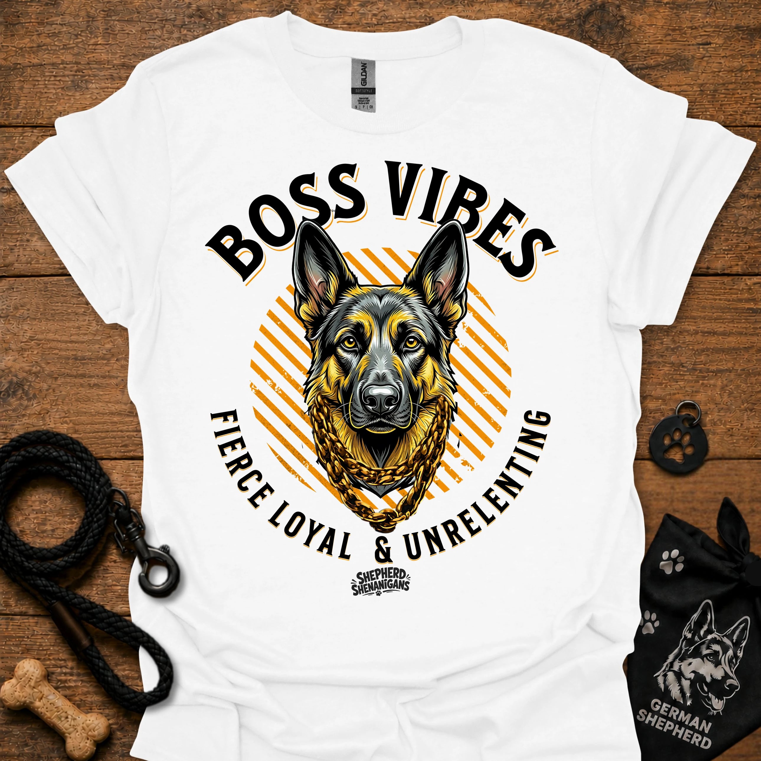 White crew-neck T-shirt with German Shepherd graphic and "Boss Vibes" text