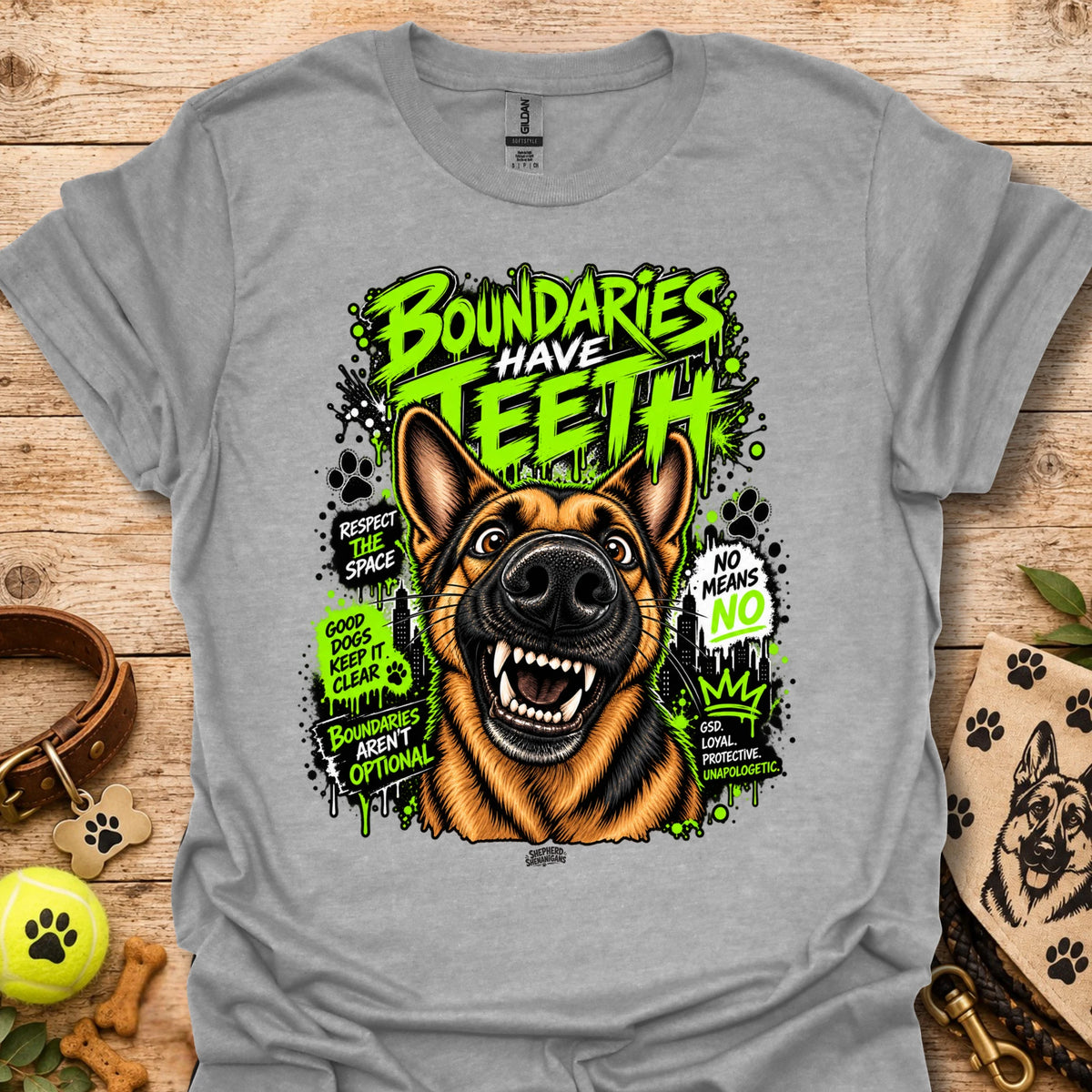 Sport grey T-shirt with colorful dog head graphic and 'Boundaries Have Teeth' text