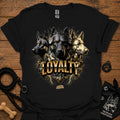 German Shepherd loyalty T-shirt, black, front graphic of three dogs with “LOYALITY”