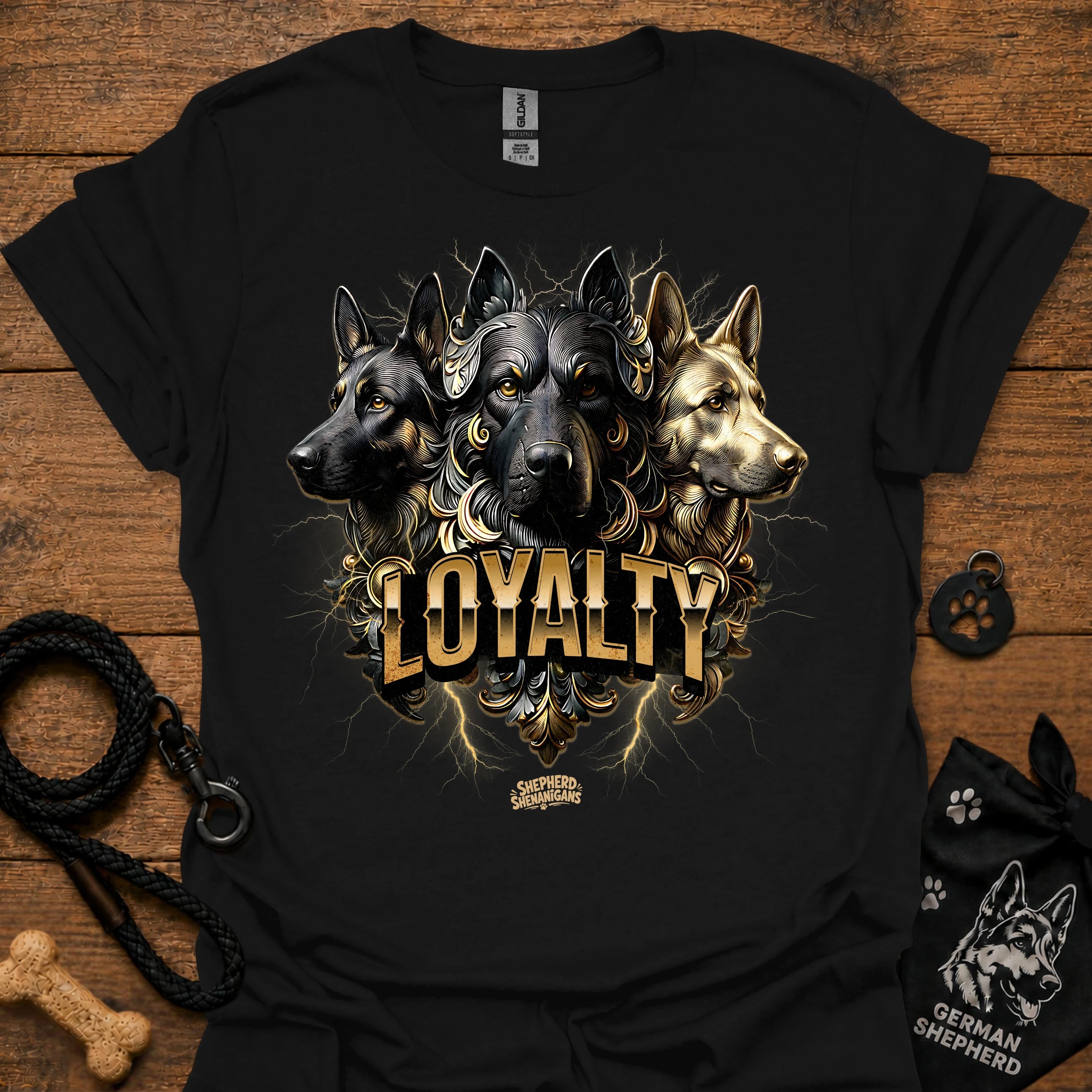 German Shepherd loyalty T-shirt, black, front graphic of three dogs with “LOYALITY”