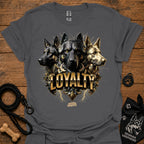German Shepherd loyalty T-shirt, dark gray, front graphic of three dogs with “LOYALTY”