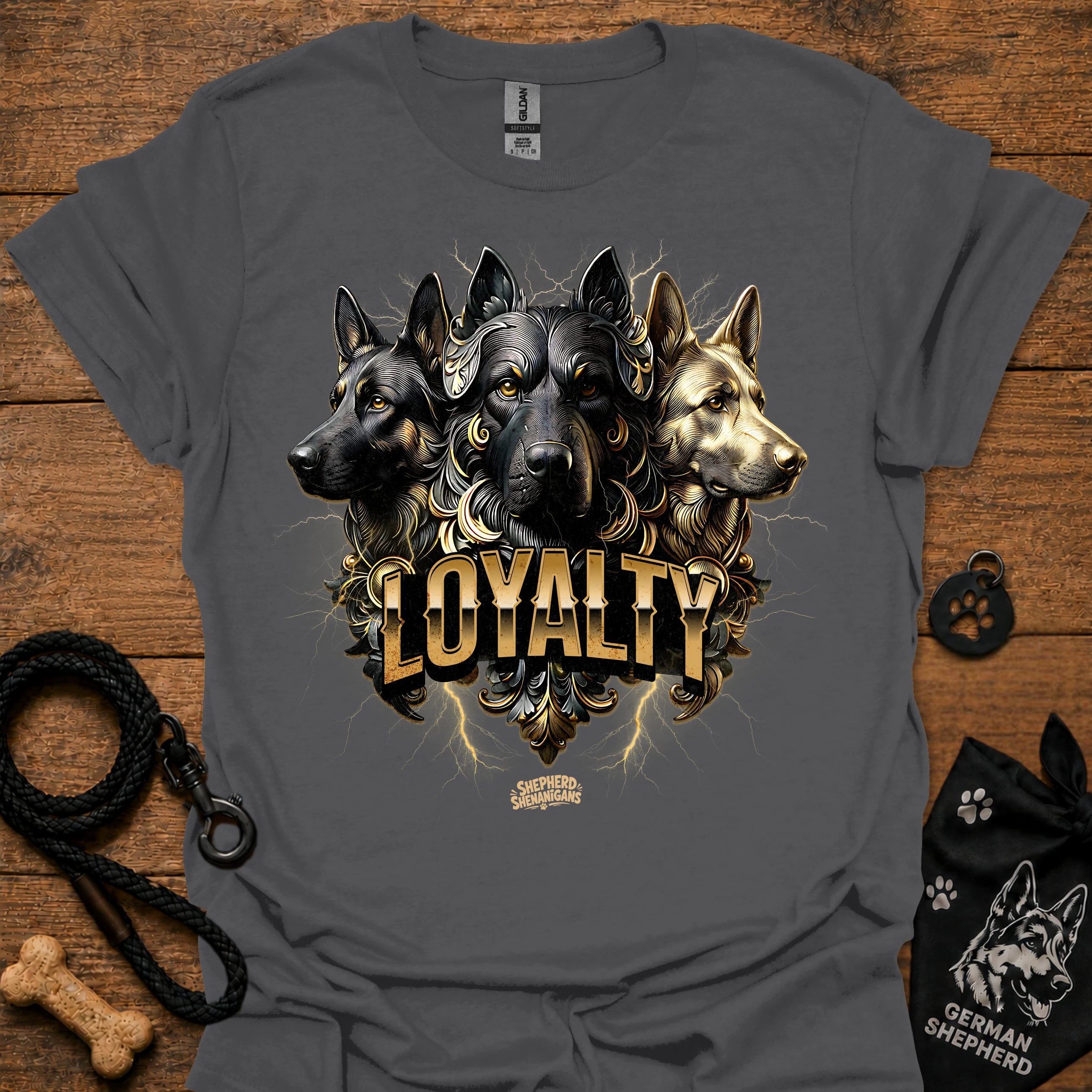 German Shepherd loyalty T-shirt, dark gray, front graphic of three dogs with “LOYALTY”