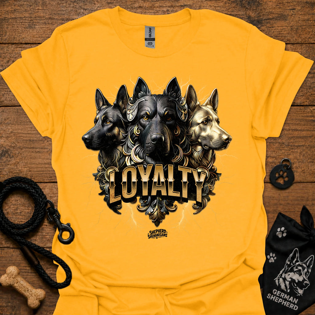 German Shepherd loyalty T-shirt, gold, front graphic of three dogs with “LOYALITY”
