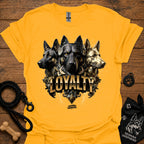 German Shepherd loyalty T-shirt, gold, front graphic of three dogs with “LOYALITY”