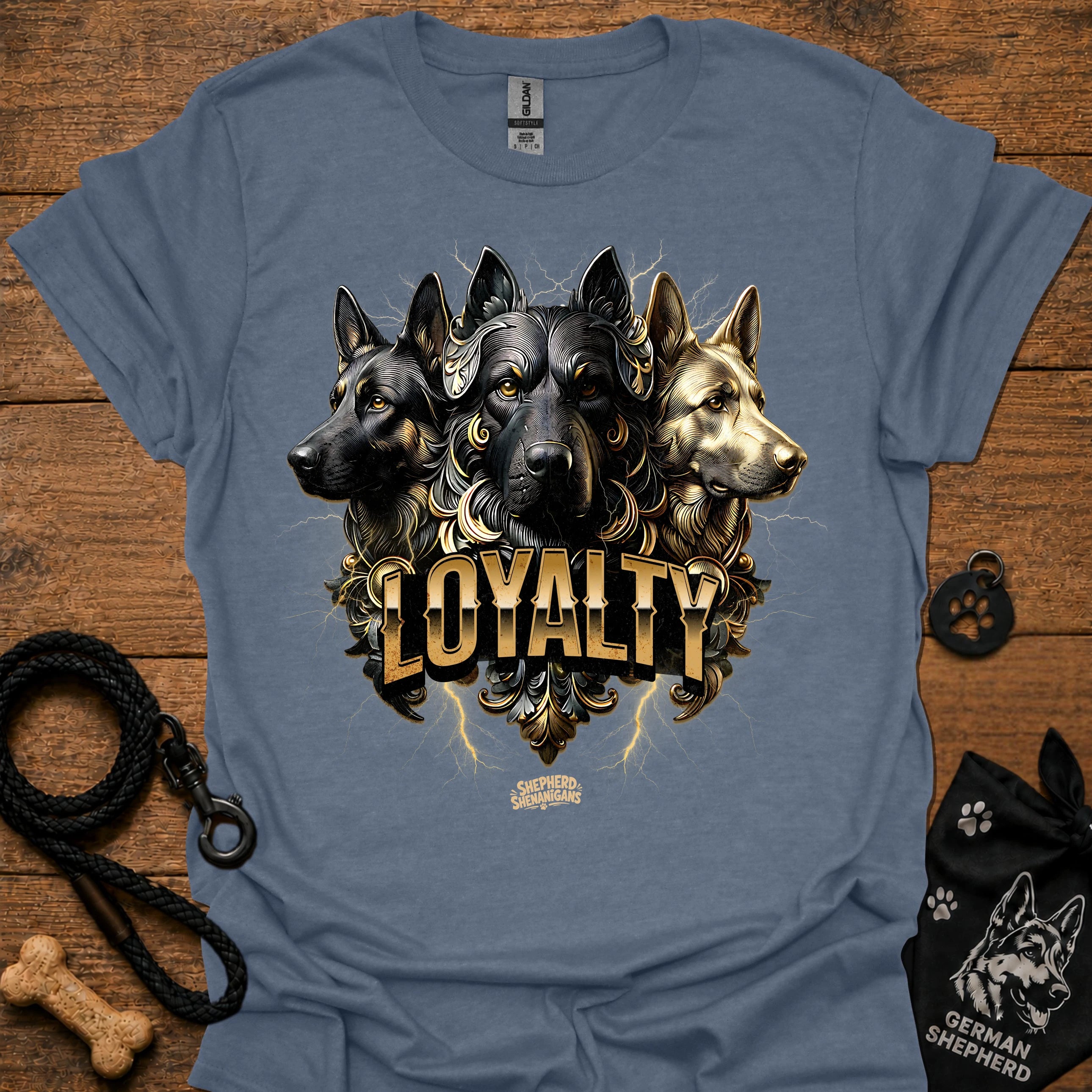 German Shepherd loyalty T-shirt, slate blue, front graphic of three dogs with “LOYALITY”