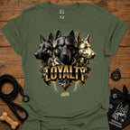 German Shepherd loyalty T-shirt, military green, front graphic of three dogs with “LOYALITY”