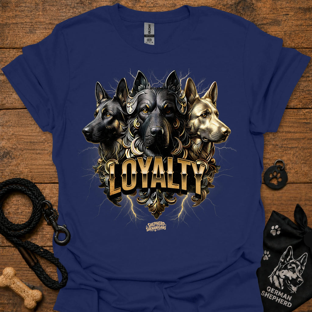German Shepherd loyalty T-shirt, navy, front graphic of three dogs with “LOYALITY” text