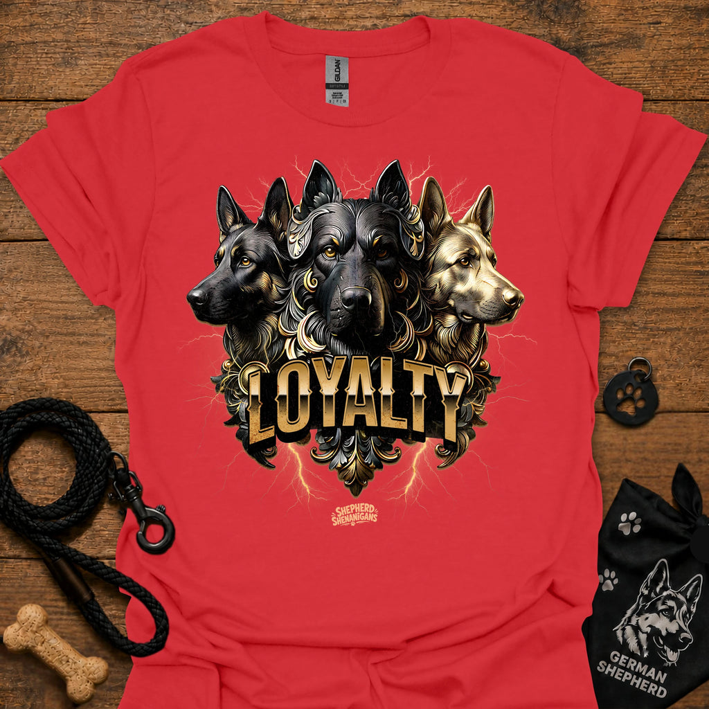 German Shepherd loyalty T-shirt, red, front graphic of three dogs with “LOYALITY” text