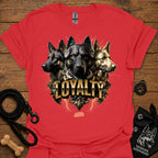 German Shepherd loyalty T-shirt, red, front graphic of three dogs with “LOYALITY” text