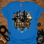 German Shepherd loyalty T-shirt, blue, front graphic of three dogs with “LOYALITY” text