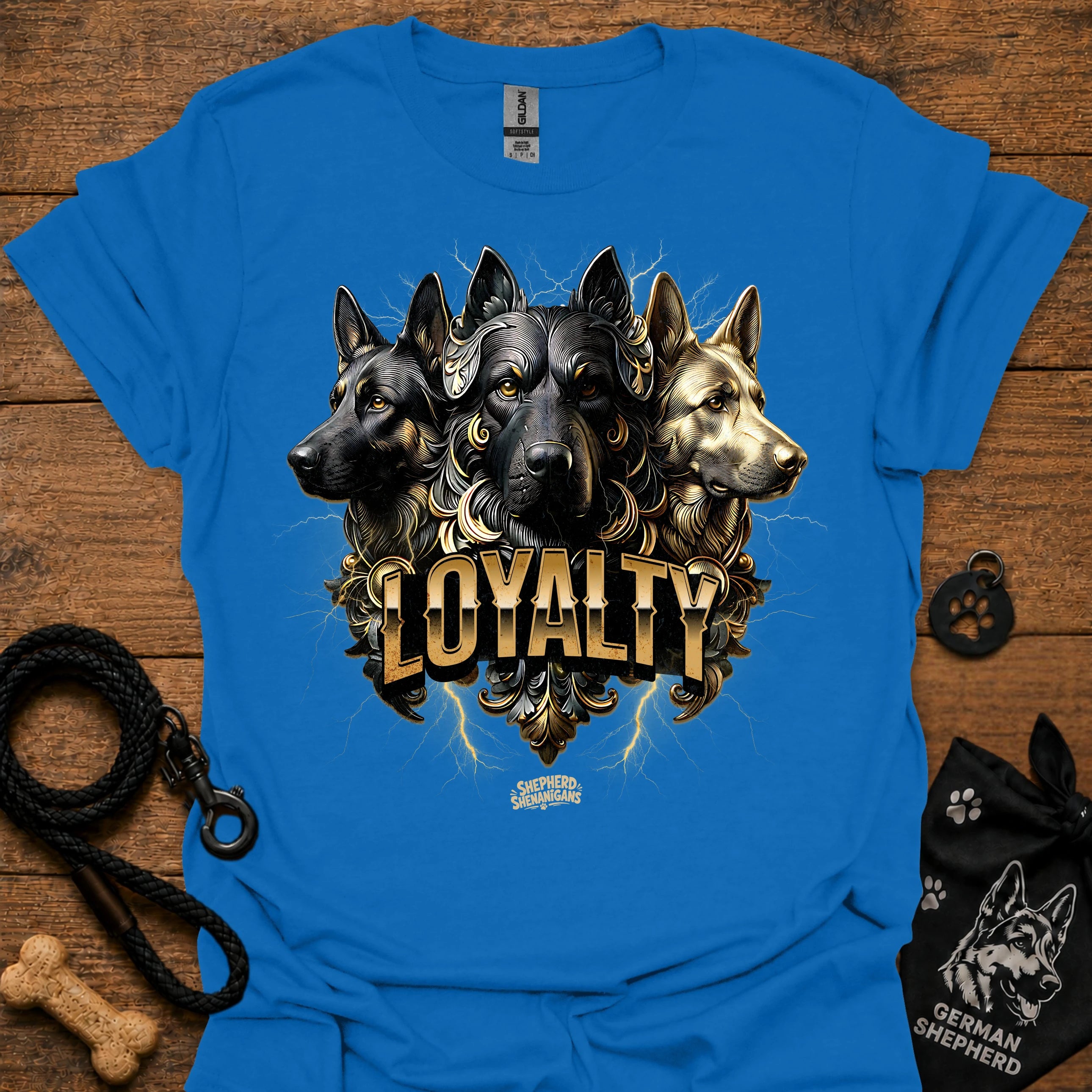 German Shepherd loyalty T-shirt, blue, front graphic of three dogs with “LOYALITY” text