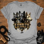 German Shepherd loyalty T-shirt, heather gray, front graphic of three dogs with “LOYALITY”