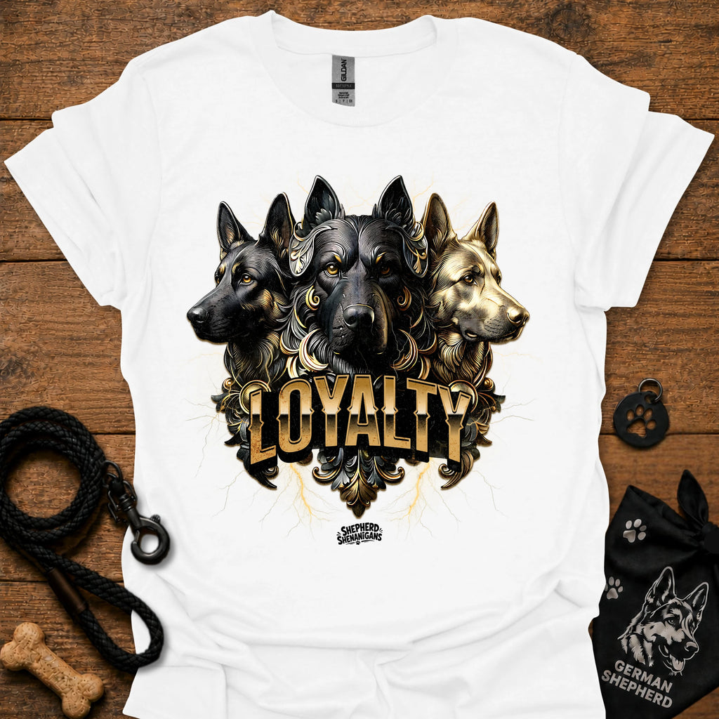 German Shepherd loyalty T-shirt, white, front graphic of three dogs with “LOYALITY”