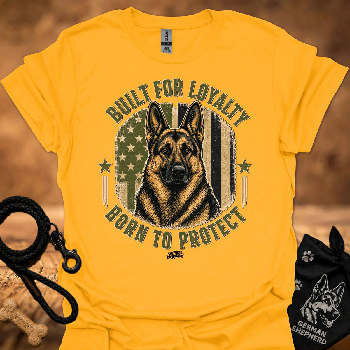 Gold/yellow t-shirt with German shepherd graphic and 'Built for Loyalty, Born to Protect' text