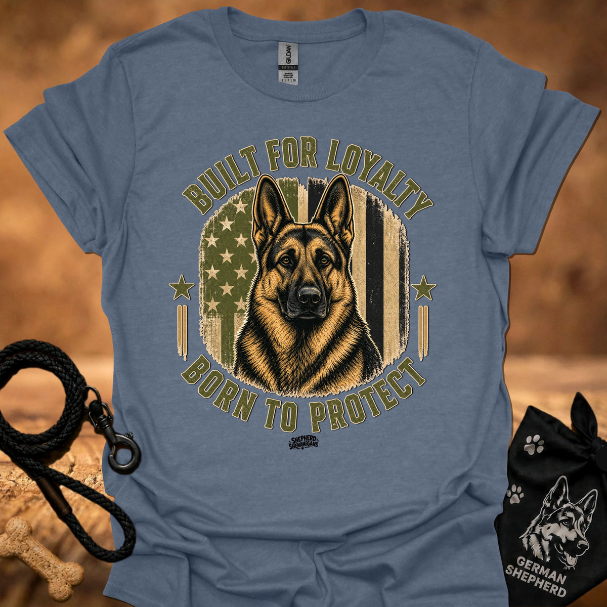 Heather blue t-shirt with German shepherd graphic and 'Built for Loyalty, Born to Protect' text
