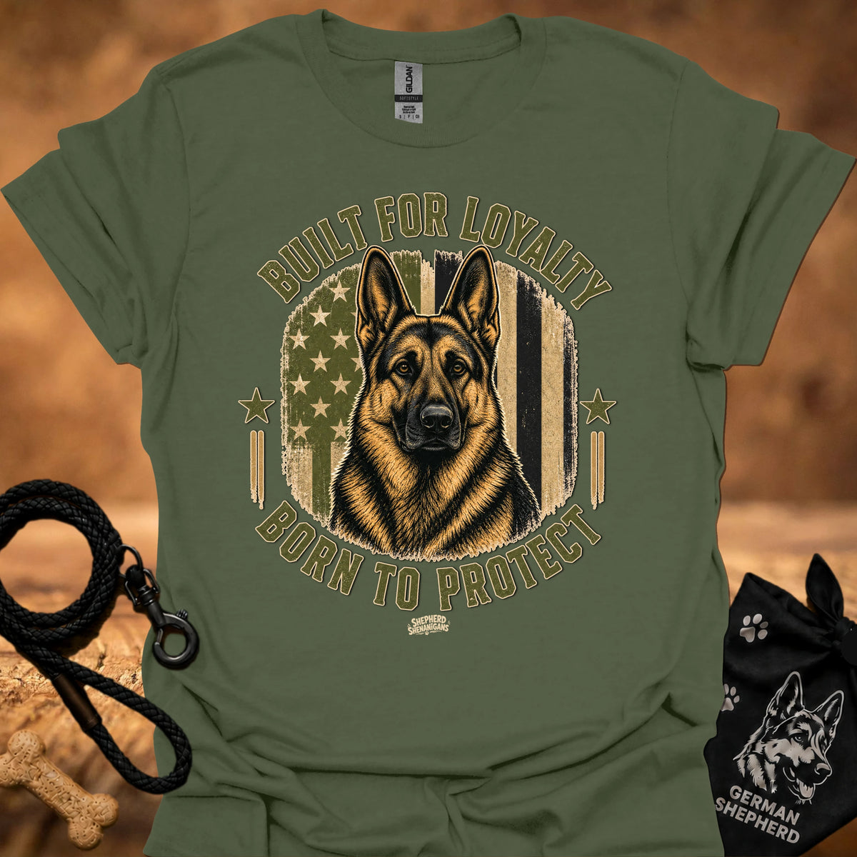 Olive green t-shirt with German shepherd graphic and 'Built for Loyalty, Born to Protect' text